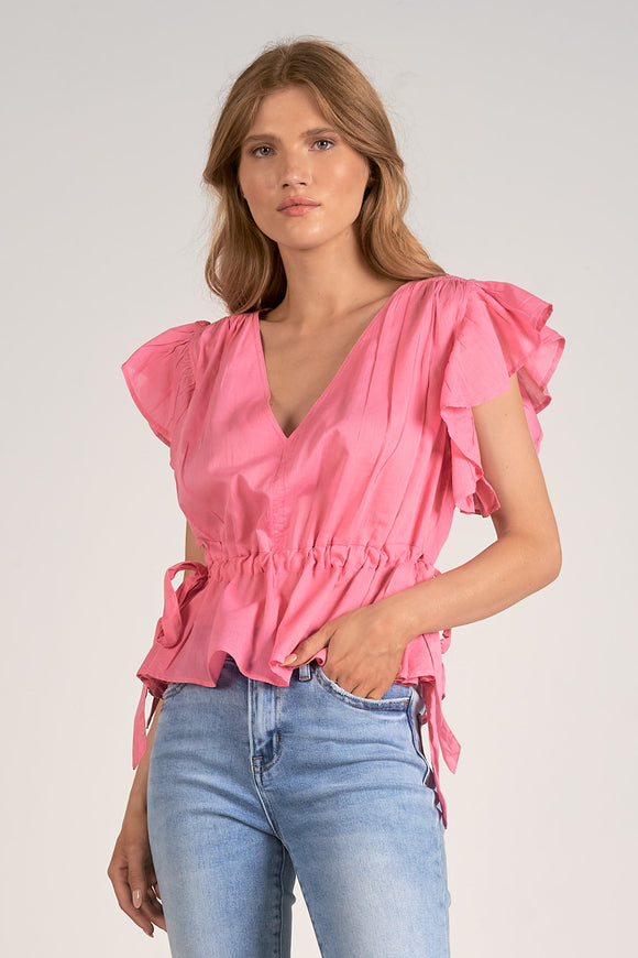 Cotton Ruffle Sleeve Tie Blouse - Greige Goods