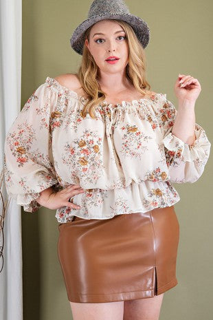 Curvy Girl Off the Shoulder Flower Print Top - Greige Goods