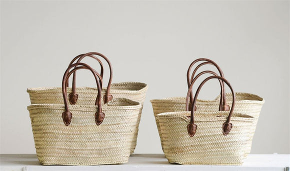Moroccan Baskets with Leather Handles - Greige Goods