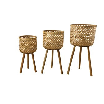 Woven Bamboo Baskets w/ Wooden Legs - Greige Goods