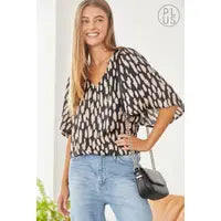 Curvy Girl Printed V Neck Blouse - Greige Goods